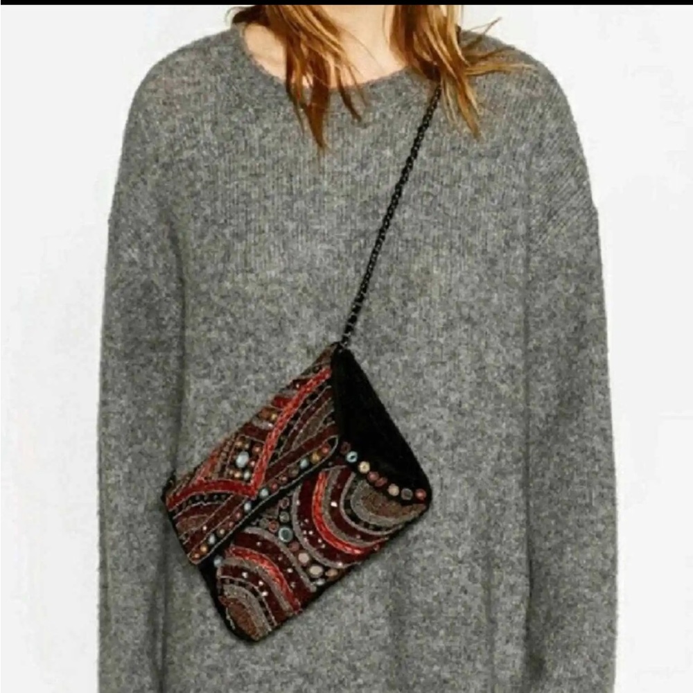 Zara Embroidered Black Velvet Moroccan Multicolor Bag with chain strap - Picture 3 of 6